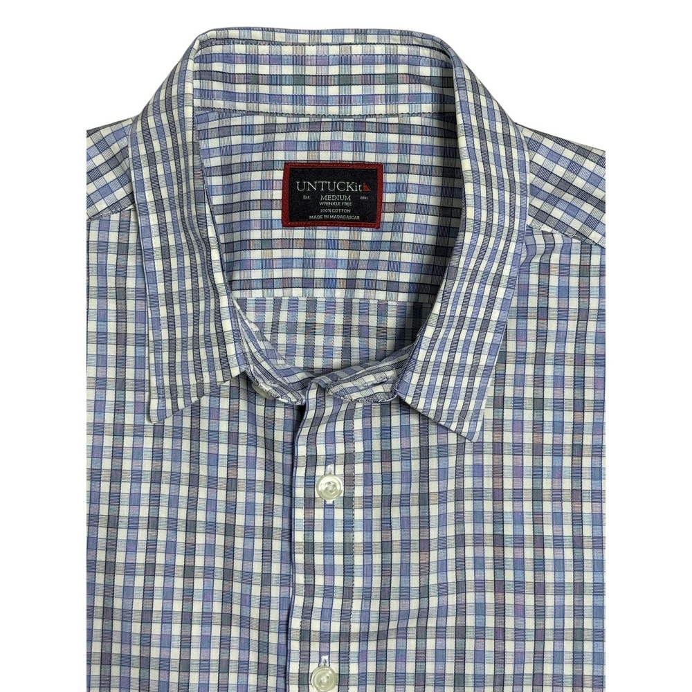 UNTUCKit Shirt Mens Medium Blue Check Dante Short Sleeve Wrinkle Free Cotton